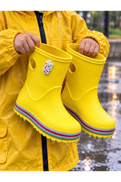 GKT SHOES Koko Yellow Children's Rain Boots with Colorful Wrapped Soles—Water...
