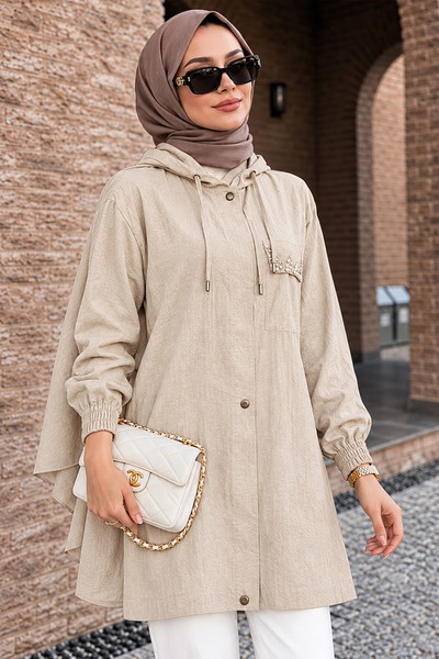 Neva Style قبعة حجاب بيج من قماش الفراولة مع تفاصيل ربطات برباط 15241BEJ