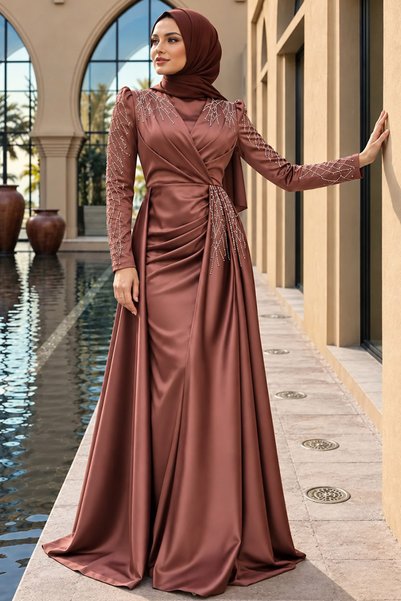 Neva Style Brown Hijab Satin Evening Dress with Tail 43381Kh