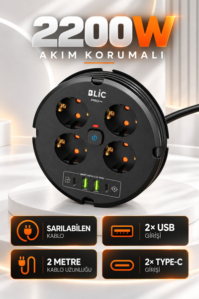 Enshall Sarılabilir Blic Pro 2 Metre Uzatma Kablolu 2200W Akım Korumalı Priz ...