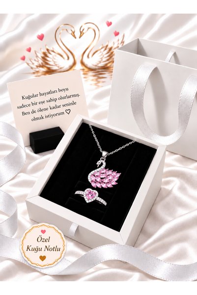 Aroma Hediye Gümüş Kaplama Kuğu Kolye Pembe Kalp Yüzük Set Kadın Çelik Takı P...