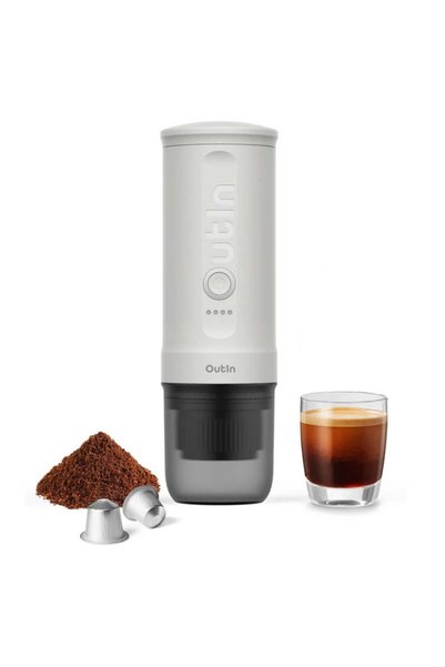 Outin Espressor portabil Nano Pearl White, 12/24V, 7500mAh, 20bar, 80ml, USB,...