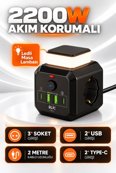 Enshall Mini Blic Pro Gece Lambalı 2 Metre Uzatma Kablolu Akım Korumalı 1050J...
