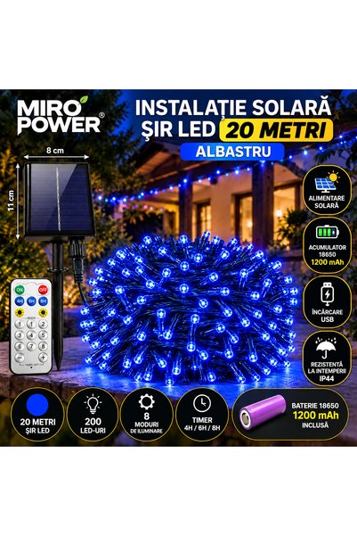 Miro Power Lumini solare de Crăciun 20m 200 LED-uri albastre, baterie litiu d...