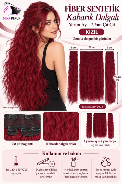 Mina Peruk Fiber Sentetik Kabarık Dalgalı Yarım Ay + 2 Yan Çıt Çıt - Kızıl