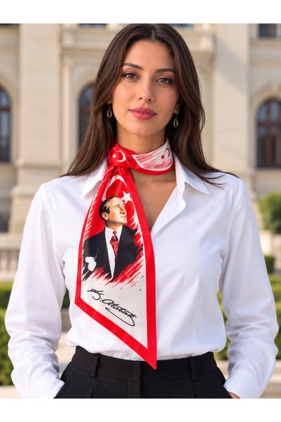 EMAYS DESIGN وشاح نسائي مزين بنمط العلم التركي باللونين الأحمر والأبيض مع صور...