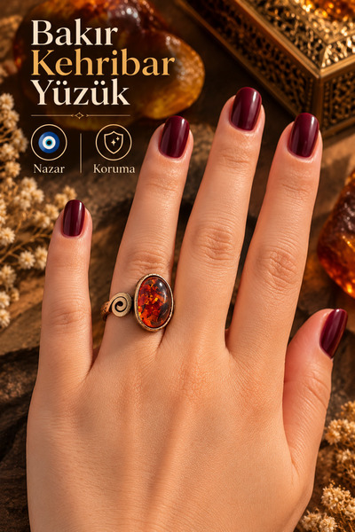 NBS Beautiful Naturel Stones Amber Stone Copper Ring Adjustable Very High Qua...