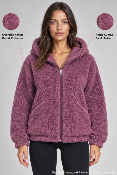 Freemen Kadın Mürdüm Oversize Kapüşonlu Fermuarlı Cepli Peluş Sweatshirt