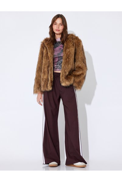 Koton X Inji - Faux Fur Coat Oversize Hooded Buttoned Pocket Detail