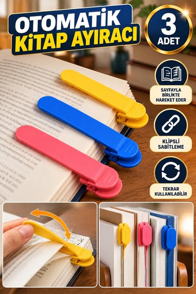 Hane Dostu 3’lü Otomatik Kitap Ayıracı Klipsli Hareketli Pratik Yer İmi Kitap...