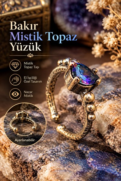NBS Beautiful Naturel Stones Bakır Yüzük Mistik Kristalli Ayarlanabilir Zarif...