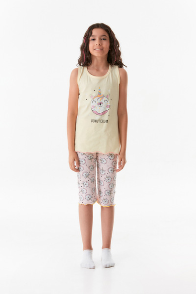 Fulla Moda Baskılı Bisiklet Yaka Kız Çocuk Pijama Takımı