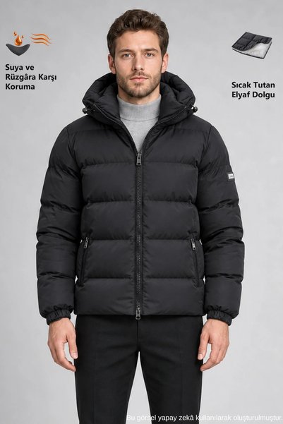 Freemen Men's Black Hooded Zippered Pocket Water and Wind Resistant Inflatabl...