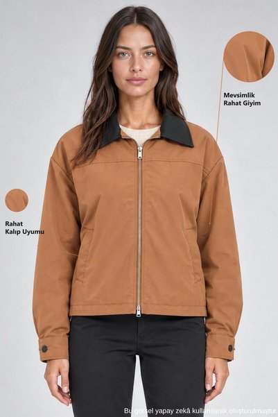 Freemen Women's Tan Leather Collared Oversize Coat with Zipper Pockets