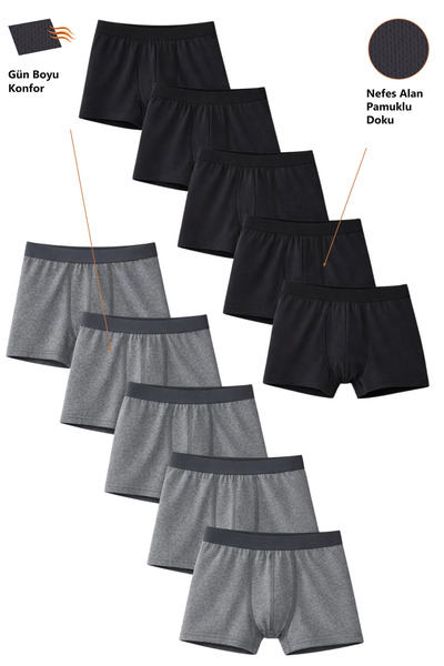 Freemen Erkek Çocuk Pamuklu Slim Fit Nefes Alan Boxer 10’lu Paket Siyah-Antrasit