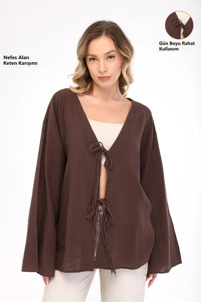 Freemen Kimono maro supradimensionat din in pentru femei și mâneci liliac cu ...