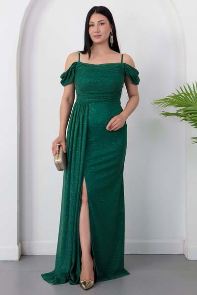 PULLIMM Low Sleeve Long Glitter Tulle Evening Dress 39433