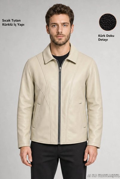 Freemen Men's Cream Zippered Regular Fit Faux Leather Jacket with Fur Inside