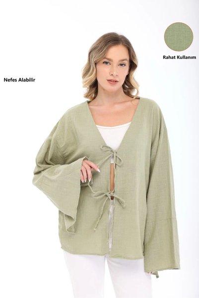 Freemen Kimono de in verde oversize pentru femei, cu mâneci liliac și detalii...
