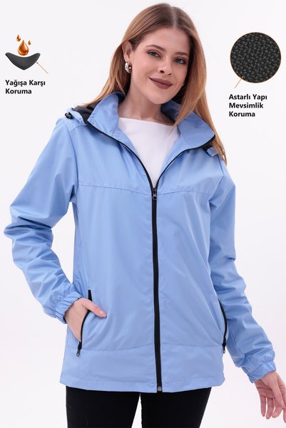 Freemen Women's Blue Removable Hooded Raincoat