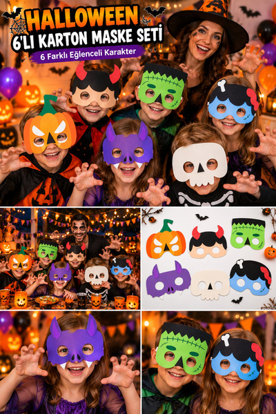 DODOMAR Halloween Cadılar Bayramı 6'lı Karton Yüz Maskesi Seti Çocuk Kostüm P...