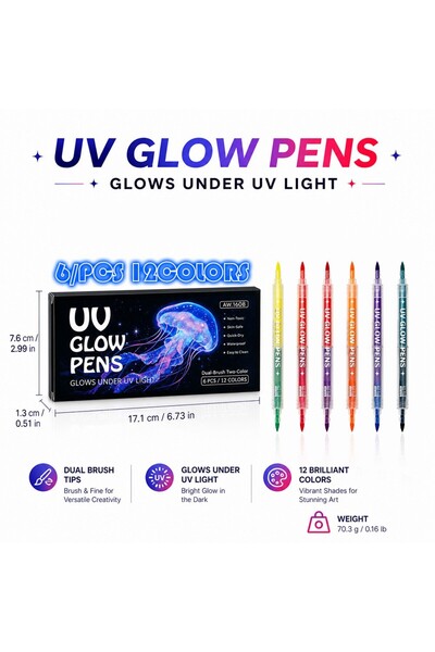 Choice 6P12C Experience 12-18 Colors UV Dual Tip Glow Pens Blacklight Reactiv...