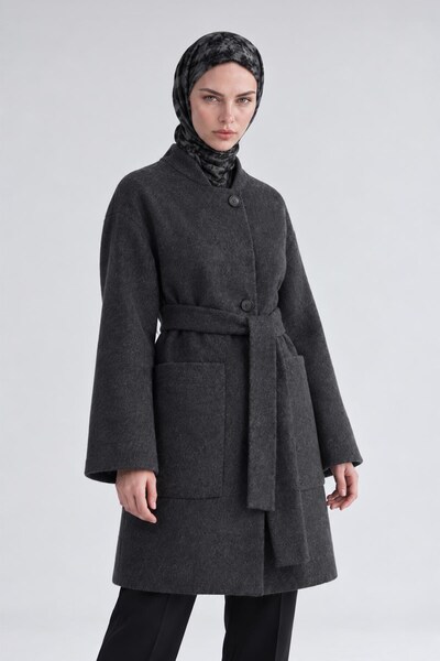 Levidor Wide Pockets Belted Short Coat Dark Gray