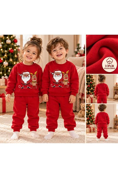 Kıvırcıkyoga Santa Claus & Reindeer Patterned 3-Thread Children's Tracksuit Set