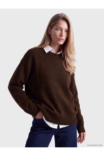 LC Waikiki Nevavm Lcw Vision Khaki Knitwear Plain Oval Neck Women's Sweater w...