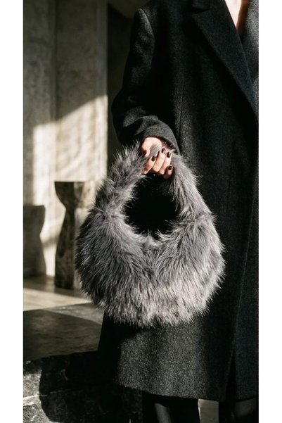 Bezos Gray Plush Women's Handbag, Soft Faux Fur Lined Mini Shoulder Bag, Bzel...