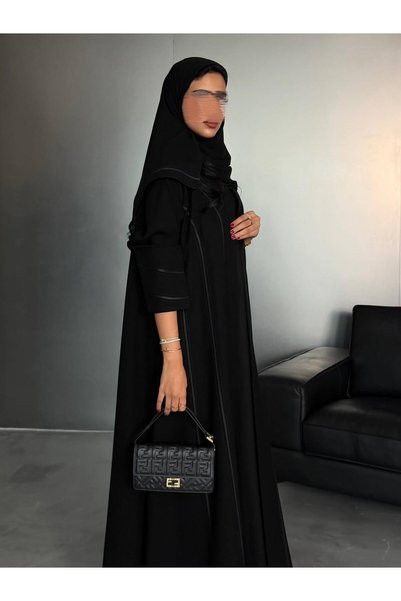 TAJ ALHASHMA Luxurious Abaya, Half-Length, Made of Ferrari Crepe Fabric with Cut-Out and Slit Details, a Set of