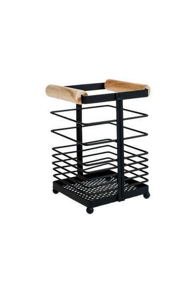 Jumbo Uscator Metalic Negru cu Manere din Lemn pentru Tacamuri 10x10x16cm