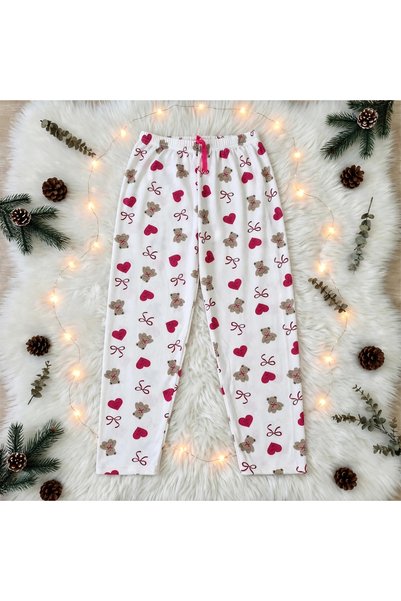 Kadın Pembe Kalpli Ayıcıklı Fiyonk Desenli Pamuk Pijama Altı - Kurdele Detaylı