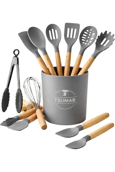 TSUMAB مجموعة أدوات مطبخ من السيليكون مكونة من 12 قطعة بمقابض خشبية