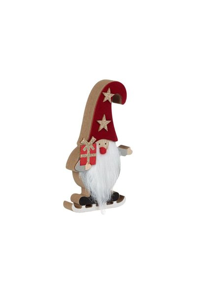 Jumbo Decoratiune de Craciun din Lemn Gnome cu Schiuri Caciula Catifelata Bor...