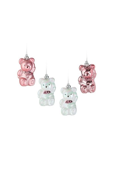 Jumbo Set Ornamente Brad de Craciun Ursuleti Roz Albi Irizati 7.5cm - 4buc