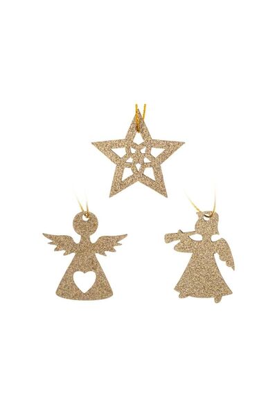 Jumbo Ornamente Brad de Craciun din Lemn Stele Ingeri Glitter Bej 3.5cm - 8buc