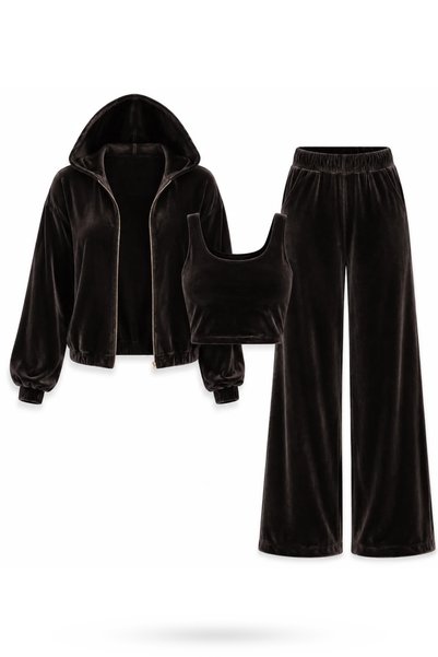 5in1Canpolat Brown Velvet Three-Piece Set 0097
