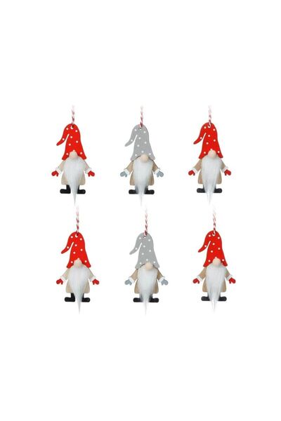 Jumbo Ornamente Brad de Craciun din Lemn Gnome Rosii Gri cu Buline 8cm - 6buc