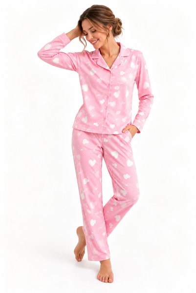 PIOVE Women's Sweet Heart and Bow Pattern Buttoned Pajama Set