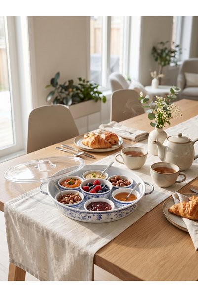 Generic Brand صينية إفطار مكونة من 7 أوعية فردية وغطاء لتقديم الأطعمة بتصميم ...