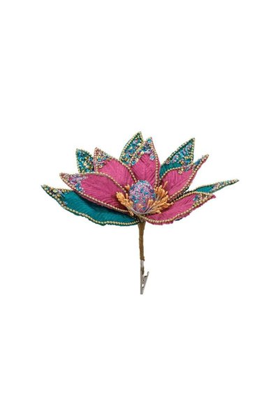 Jumbo Floare Decorativa de Craciun Fucsia Smarald cu Paiete & Clips 29cm