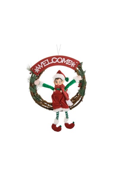 Jumbo Decorative Wooden Christmas Wreath with Elf "Welcome" Ø33cm