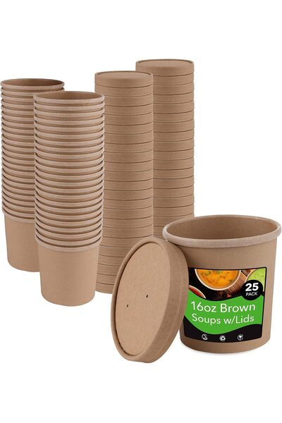 Generic (25 Count 16 oz Kraft Brown Disposable Soup Cups with Lids have Multi...