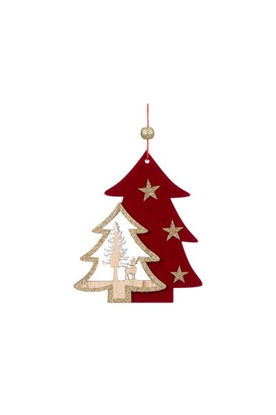 Jumbo Ornament de Craciun din Lemn Brad Rosu Catifelat cu Glitter 12cm