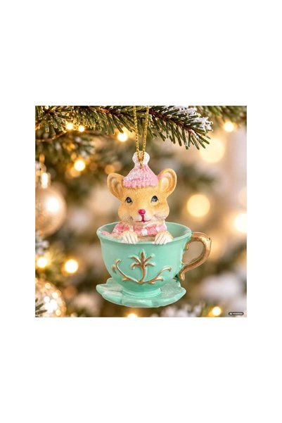Jumbo Ornament de Brad din Polirasina in Forma de Soricel in Ceasca Verde Men...