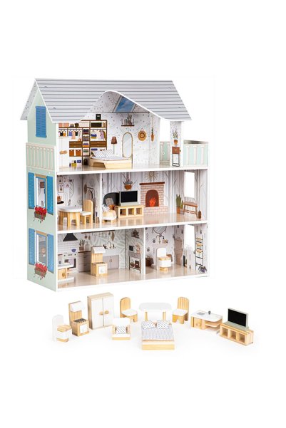 Ecotoys Κουκλόσπιτο Έμμα, Ξύλινο, 3 Ορόφων, 6 Δωμάτια, Σετ Επίπλων 10 Τεμαχίω...