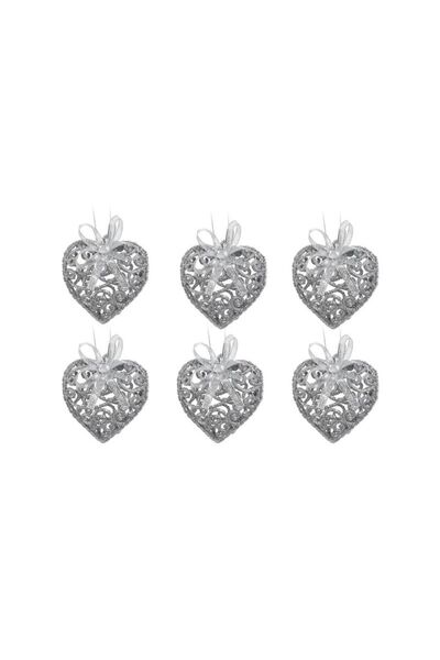 Jumbo Set Ornamente de Craciun Inimi Argintii Glitter Funda 6cm - 6buc