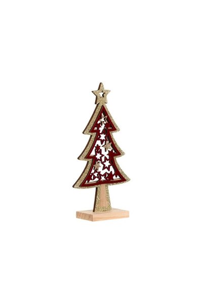 Jumbo Decoratiune de Craciun din Lemn Brad Rosu Catifelat Auriu Glitter 19cm