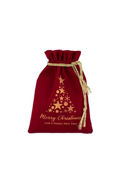 Jumbo Saculet Cadou de Craciun Ros Catifelat cu Imagine Aurie din Folie 18x25cm
